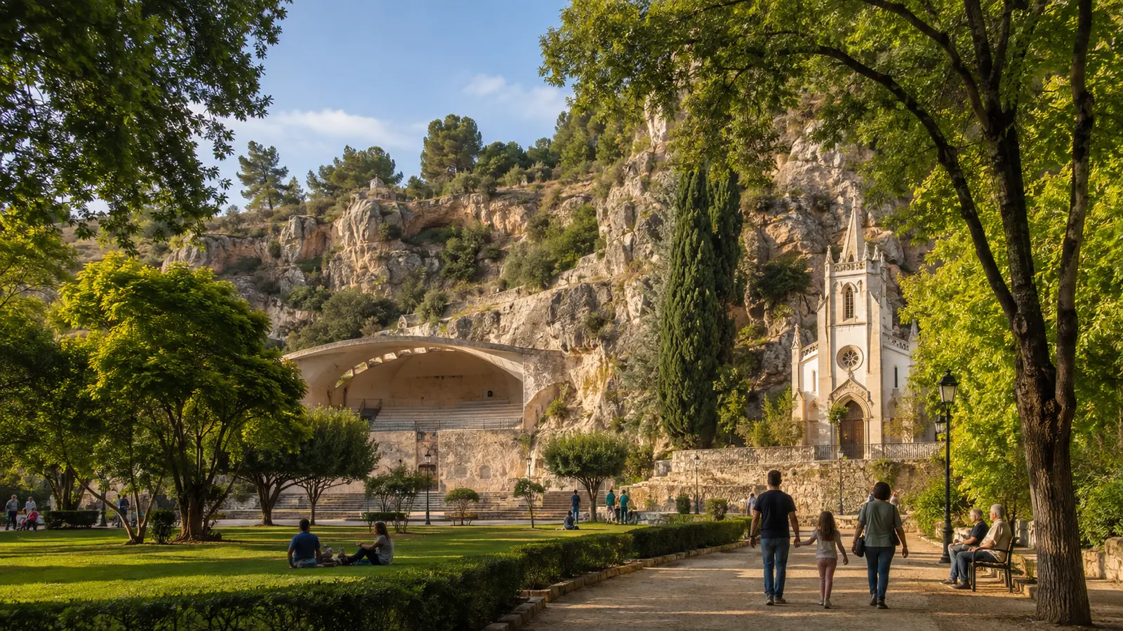 สวน Parque de San Luis อัฒจันทร์กลางแจ้ง และโบสถ์เล็กในเมืองบูโญล