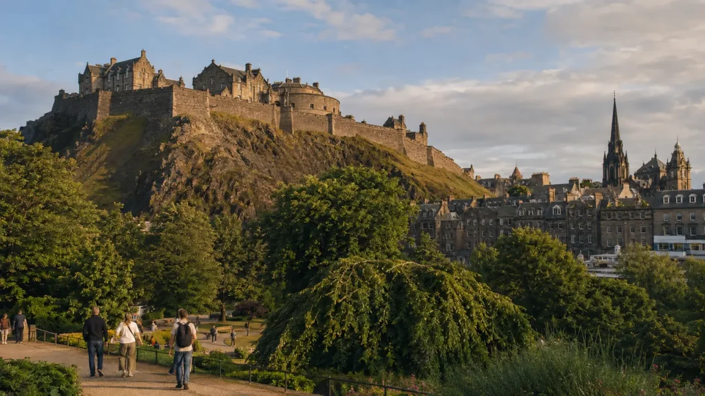 ปราสาทเอดินบะระตั้งอยู่เหนือ Castle Rock มองจากสวน Princes Street Gardens ในฤดูร้อน