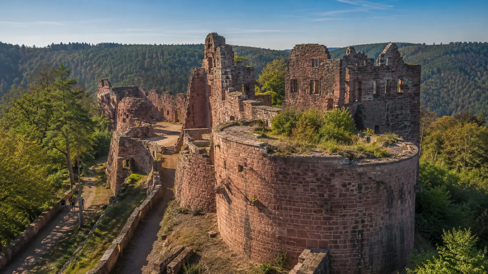 ซากปราสาท Hardenburg หินทรายแดงกลางป่าใกล้บาด เดือร์คไฮม์