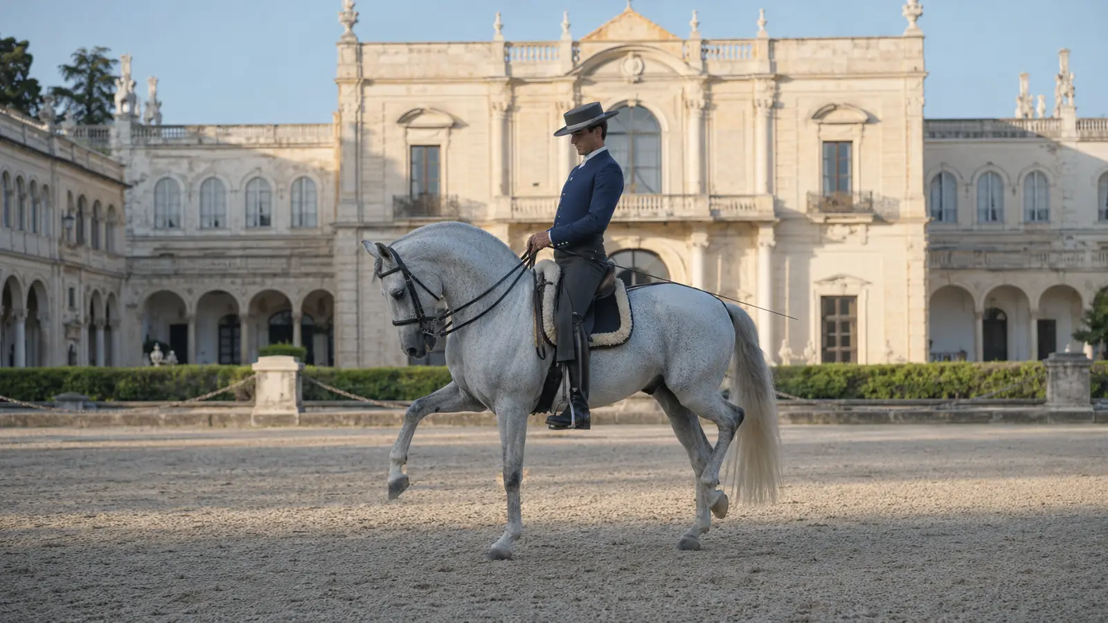 นักขี่ม้ากับม้าอันดาลูเซียที่ Royal Andalusian School of Equestrian Art เมืองเฆเรซ