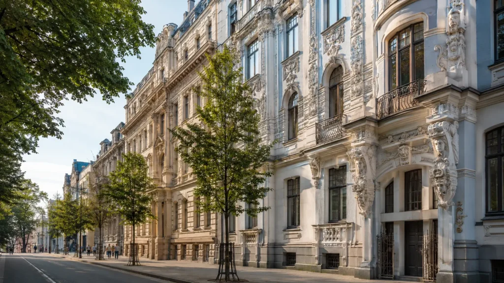 ถนน Alberta iela ในเมืองริกา ประเทศลัตเวีย เรียงรายด้วยอาคารสถาปัตยกรรม Art Nouveau และต้นไม้เขียวร่มรื่น