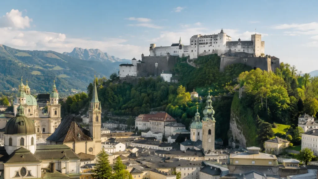ป้อม Hohensalzburg เหนือย่านเมืองเก่าซาลซ์บูร์ก ประเทศออสเตรีย