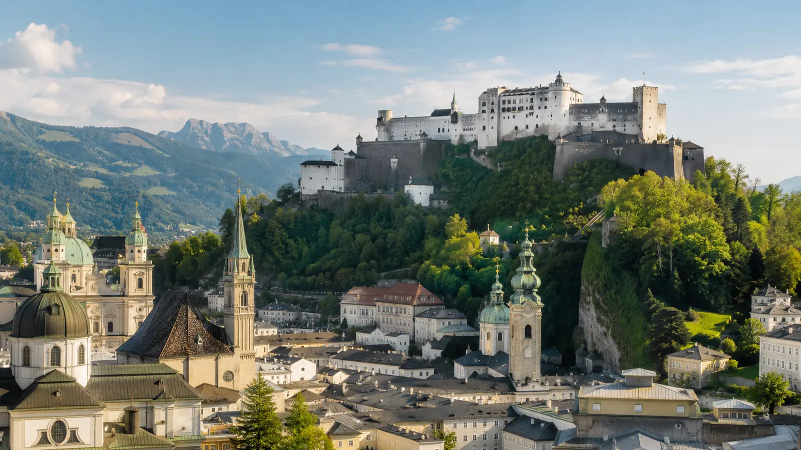 ป้อม Hohensalzburg เหนือย่านเมืองเก่าซาลซ์บูร์ก ประเทศออสเตรีย