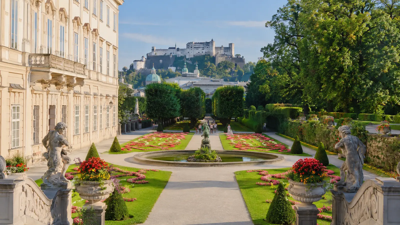 สวน Mirabell Gardens พร้อมแนวสวนดอกไม้และป้อม Hohensalzburg บนเนินเขา