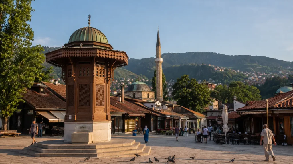 น้ำพุ Sebilj ในย่าน Baščaršija เมืองซาราเยโว โดยมีมัสยิดและภูเขา Trebević เป็นฉากหลัง