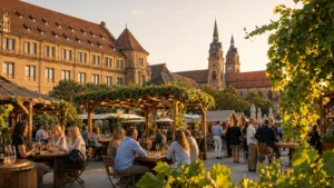 บรรยากาศ Stuttgarter Weindorf บริเวณชิลเลอร์พลัทซ์ เมืองสตุ๊ตการ์ท ประเทศเยอรมนี