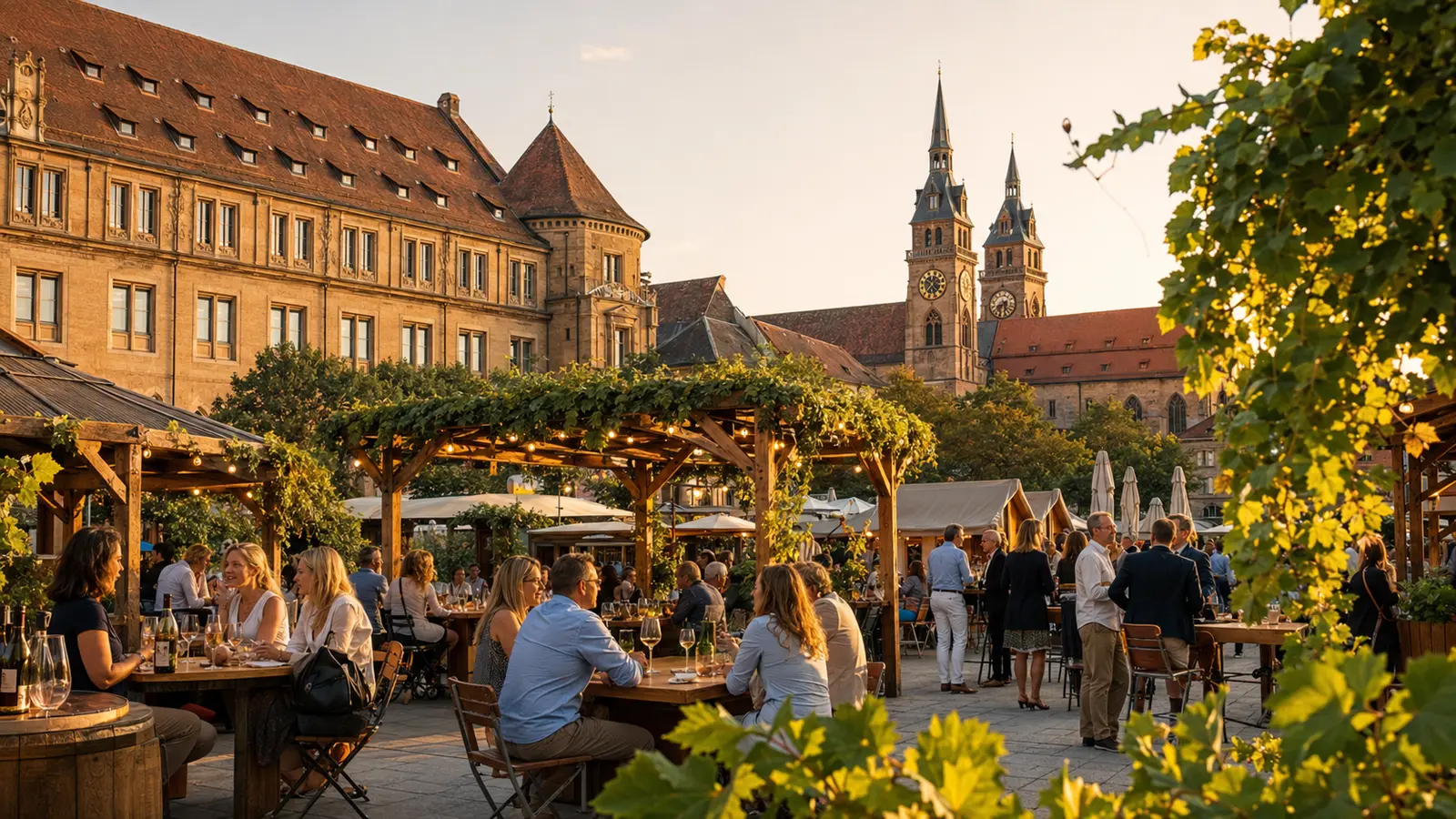 บรรยากาศ Stuttgarter Weindorf บริเวณชิลเลอร์พลัทซ์ เมืองสตุ๊ตการ์ท ประเทศเยอรมนี