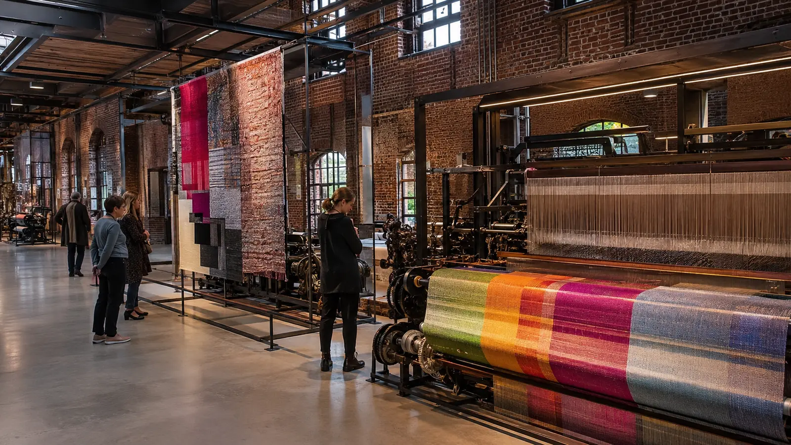 เครื่องทอผ้าและงานสิ่งทอสีสันสดใสภายใน TextielMuseum เมืองทิลเบิร์ก