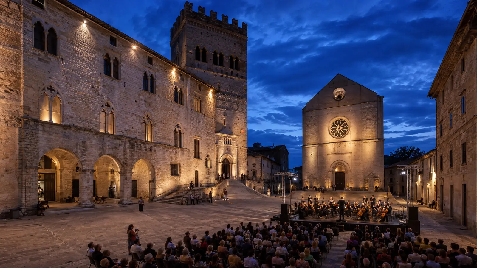 บรรยากาศการแสดงยามค่ำใน Piazza del Popolo เมืองโตดี ท่ามกลางอาคารยุคกลาง