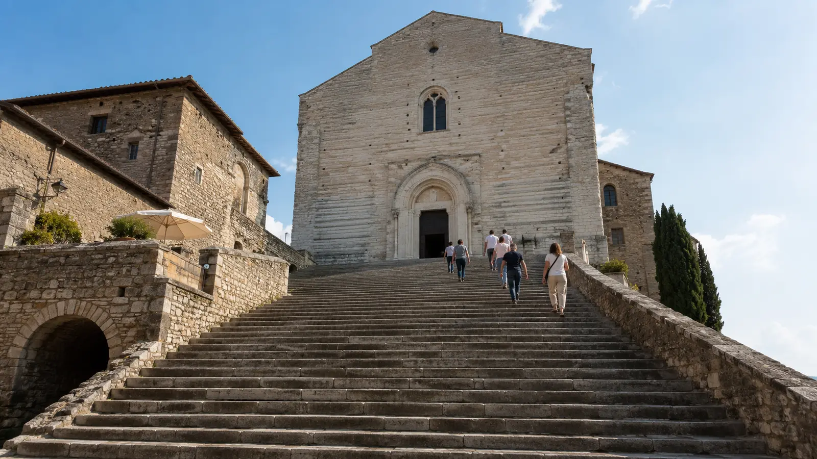บันไดหินกว้างนำขึ้นสู่ด้านหน้าแบบโกธิกของโบสถ์ San Fortunato ในเมืองโตดี