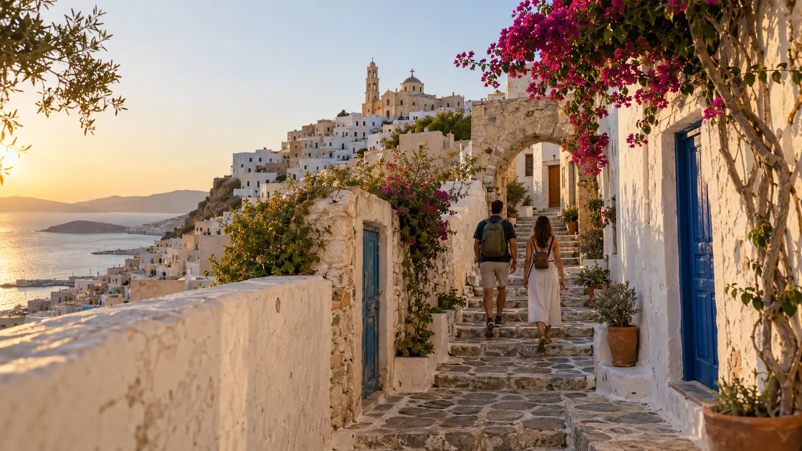 นักท่องเที่ยวเดินในตรอกหินสีขาวของ Ano Syros บนเนินเหนือเมืองเออร์มูโปลี