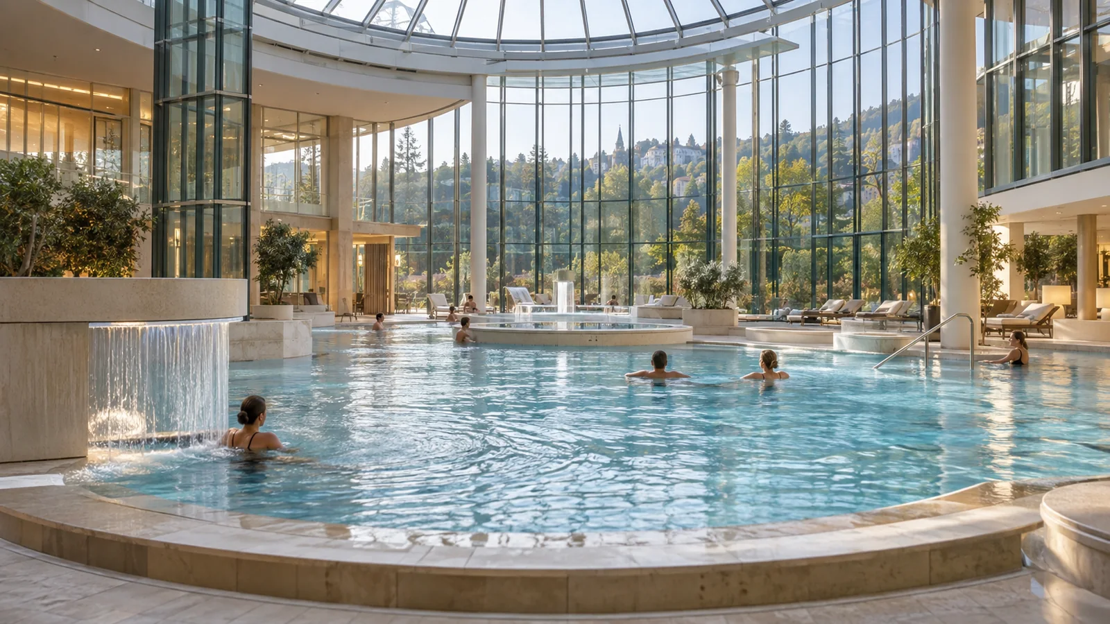 สระน้ำแร่ภายใน Caracalla Spa เมืองบาเดิน-บาเดิน พร้อมโถงกระจกและผู้ใช้บริการพักผ่อน