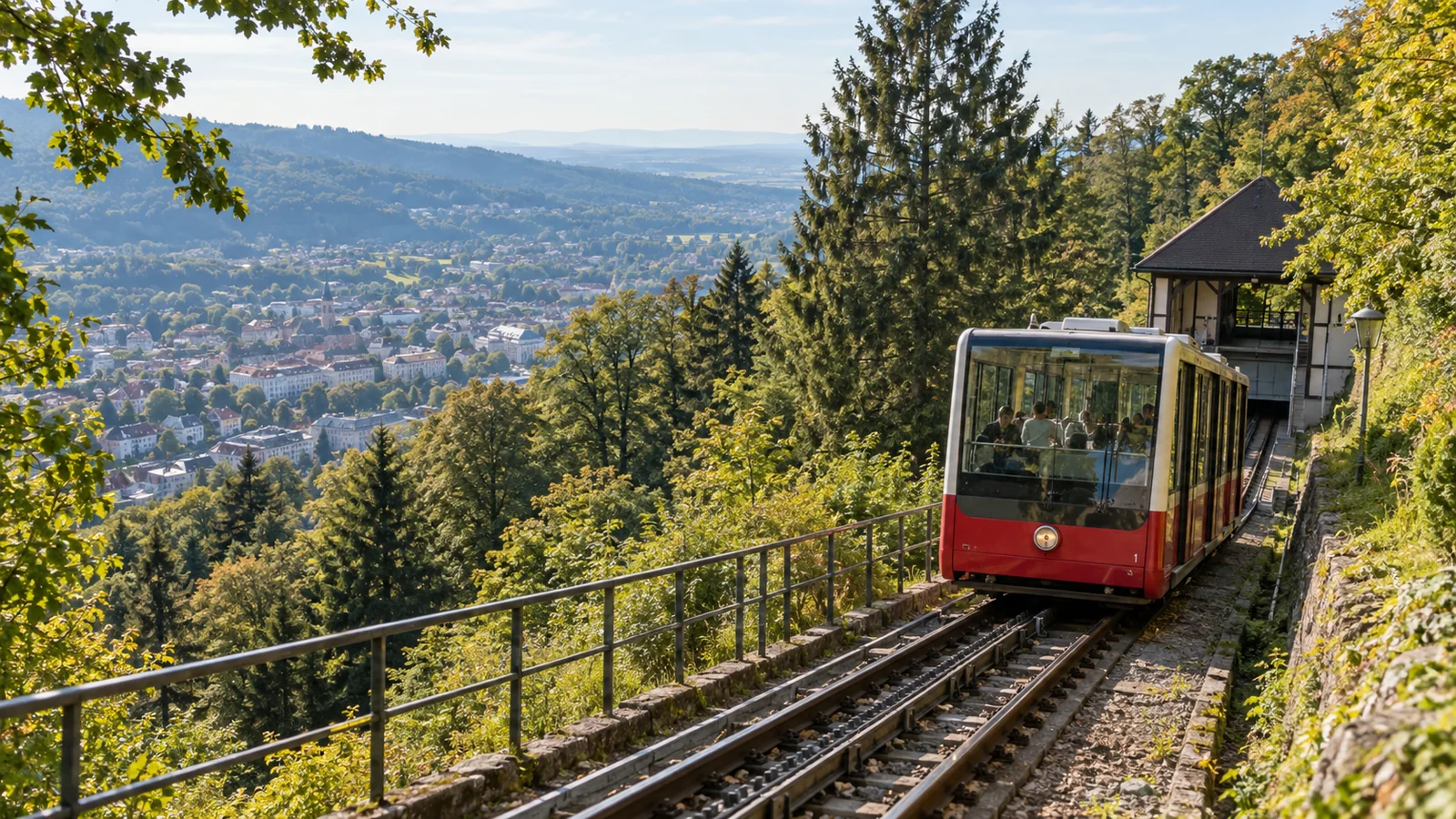 รถรางขึ้นเขา Merkur Funicular วิ่งบนรางผ่านป่าเหนือเมืองบาเดิน-บาเดิน