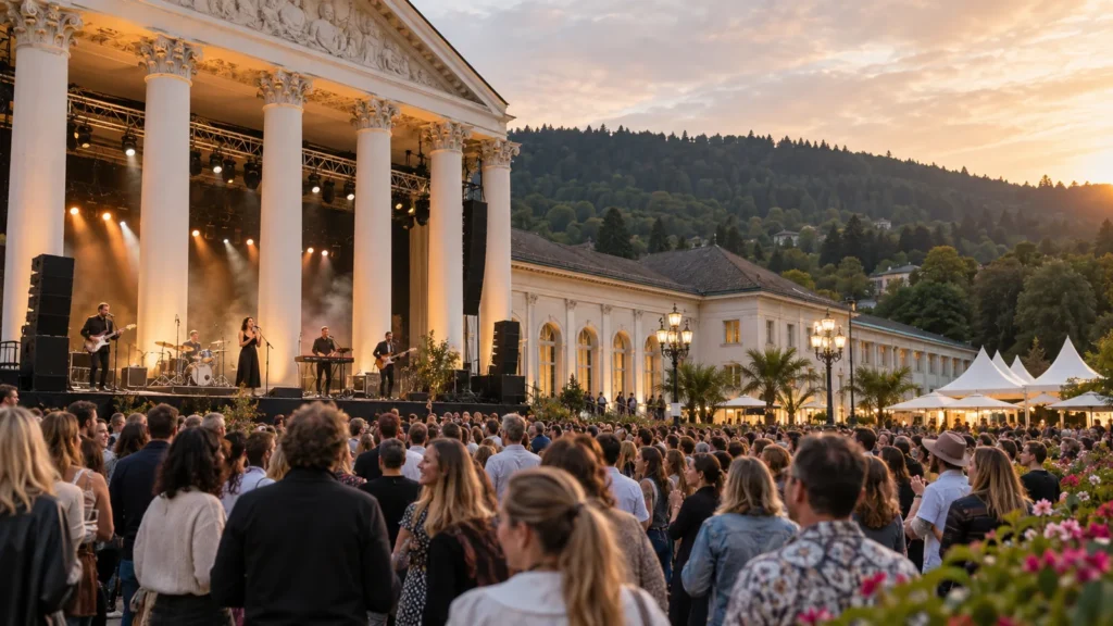 คอนเสิร์ตกลางแจ้งหน้าอาคาร Kurhaus ในบาเดิน-บาเดิน โดยมีผู้ชมและเนินป่า Black Forest อยู่ด้านหลัง