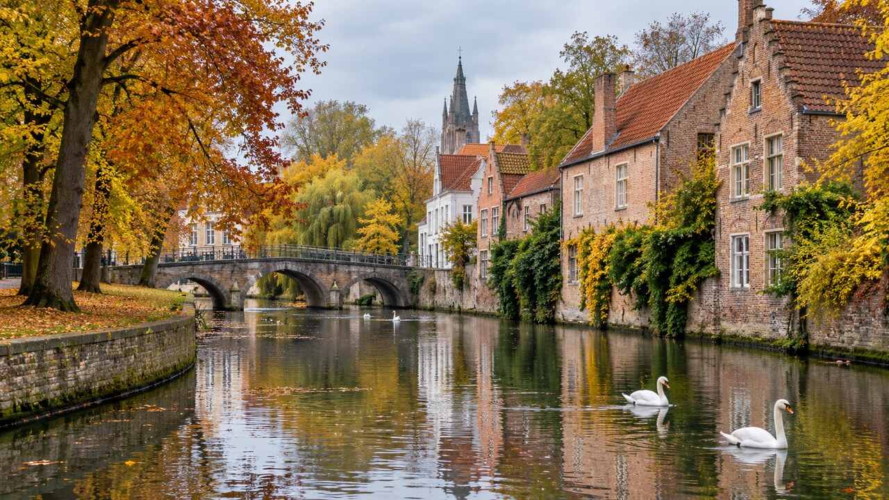 คลอง สะพานหิน และหงส์ใกล้ Minnewater เมืองบรูจส์ ภาพสร้างด้วย AI