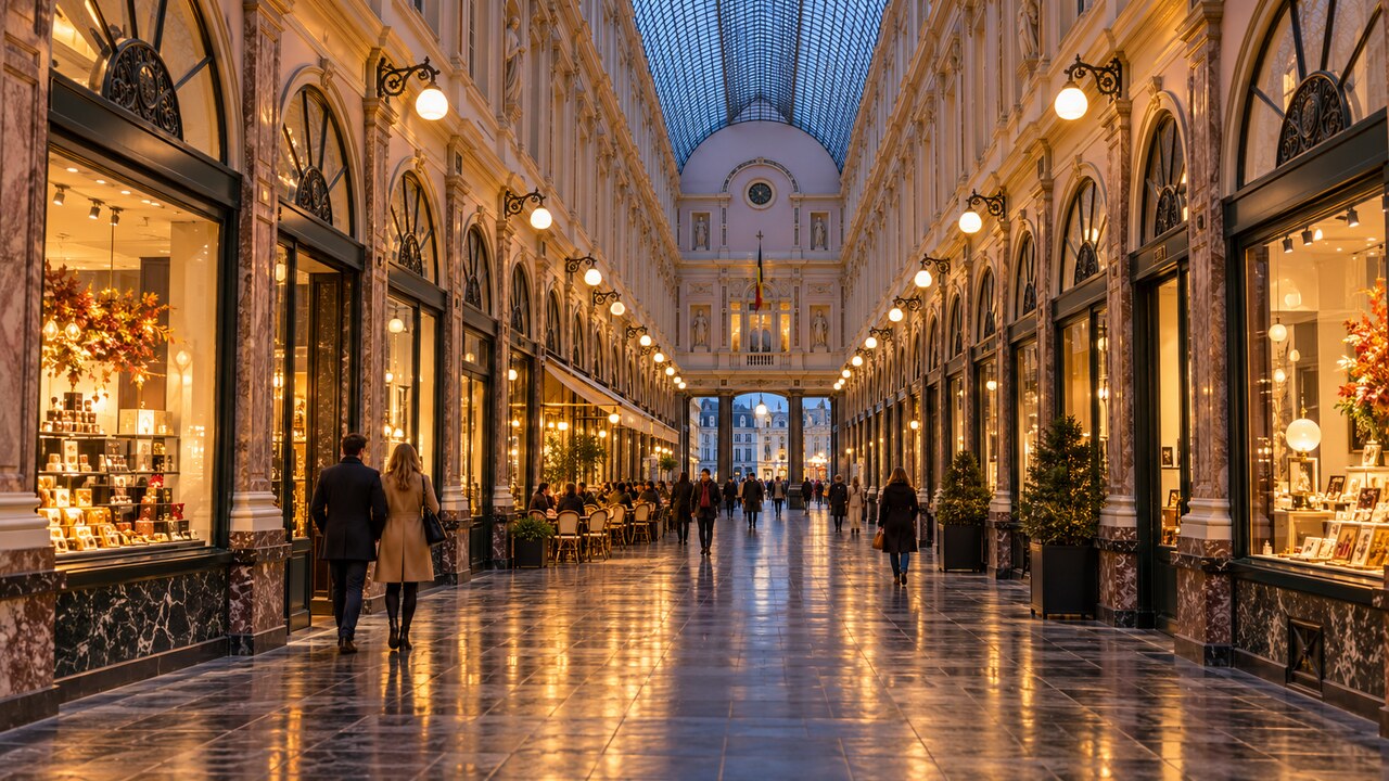 ภาพ AI จำลองทางเดินภายใน Galeries Royales Saint-Hubert กรุงบรัสเซลส์