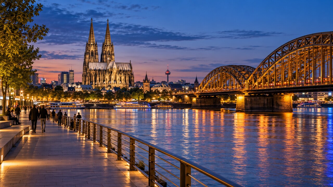 สะพานโฮเอินซอลเลิร์น มหาวิหารโคโลญ และทางเดินริมแม่น้ำไรน์ยามค่ำ ภาพสร้างด้วย AI