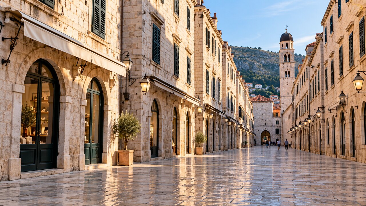 ถนนหิน Stradun และอาคารประวัติศาสตร์ในเมืองเก่าดูบรอฟนิก