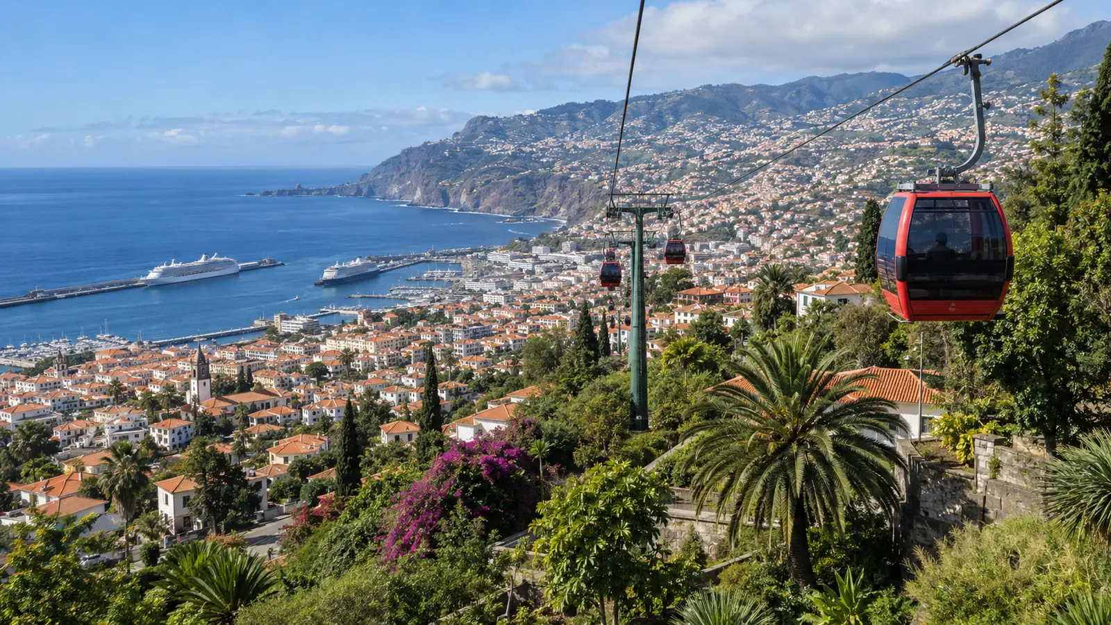 กระเช้า Funchal Cable Car เหนือเมืองฟุงชาลและอ่าวมหาสมุทรแอตแลนติก