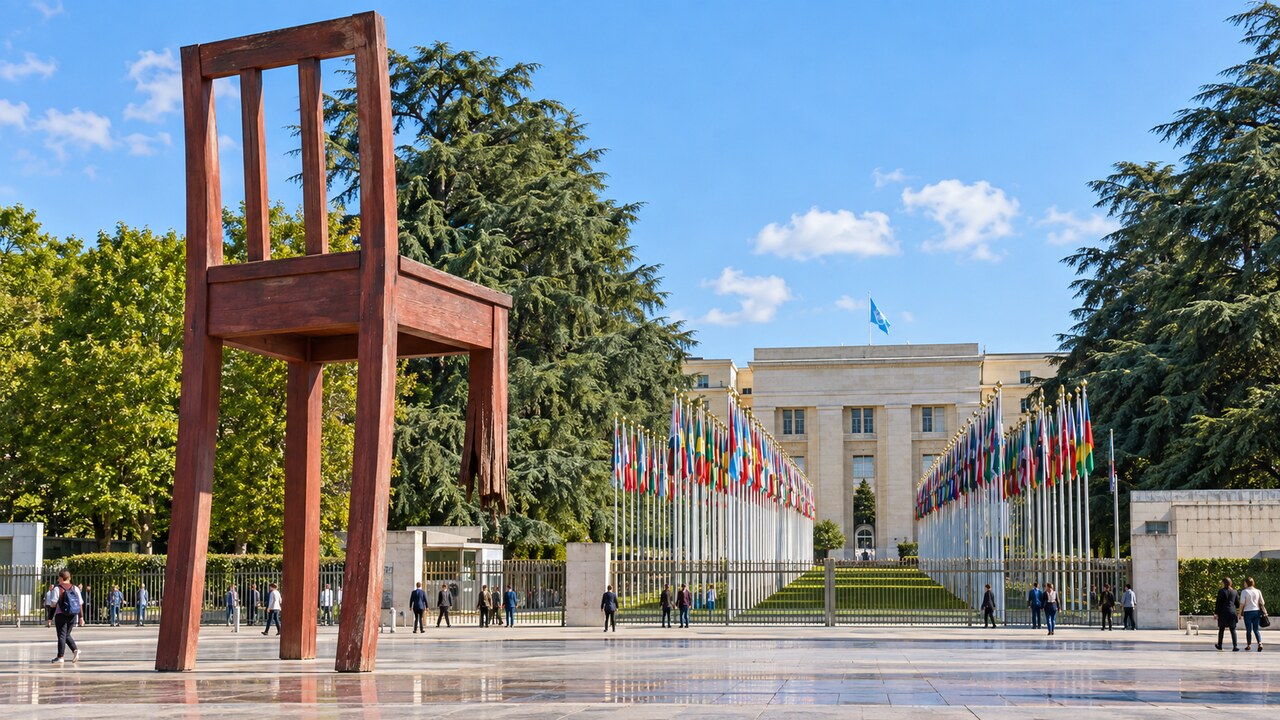 อนุสาวรีย์ Broken Chair และบริเวณ Palais des Nations ในเจนีวา