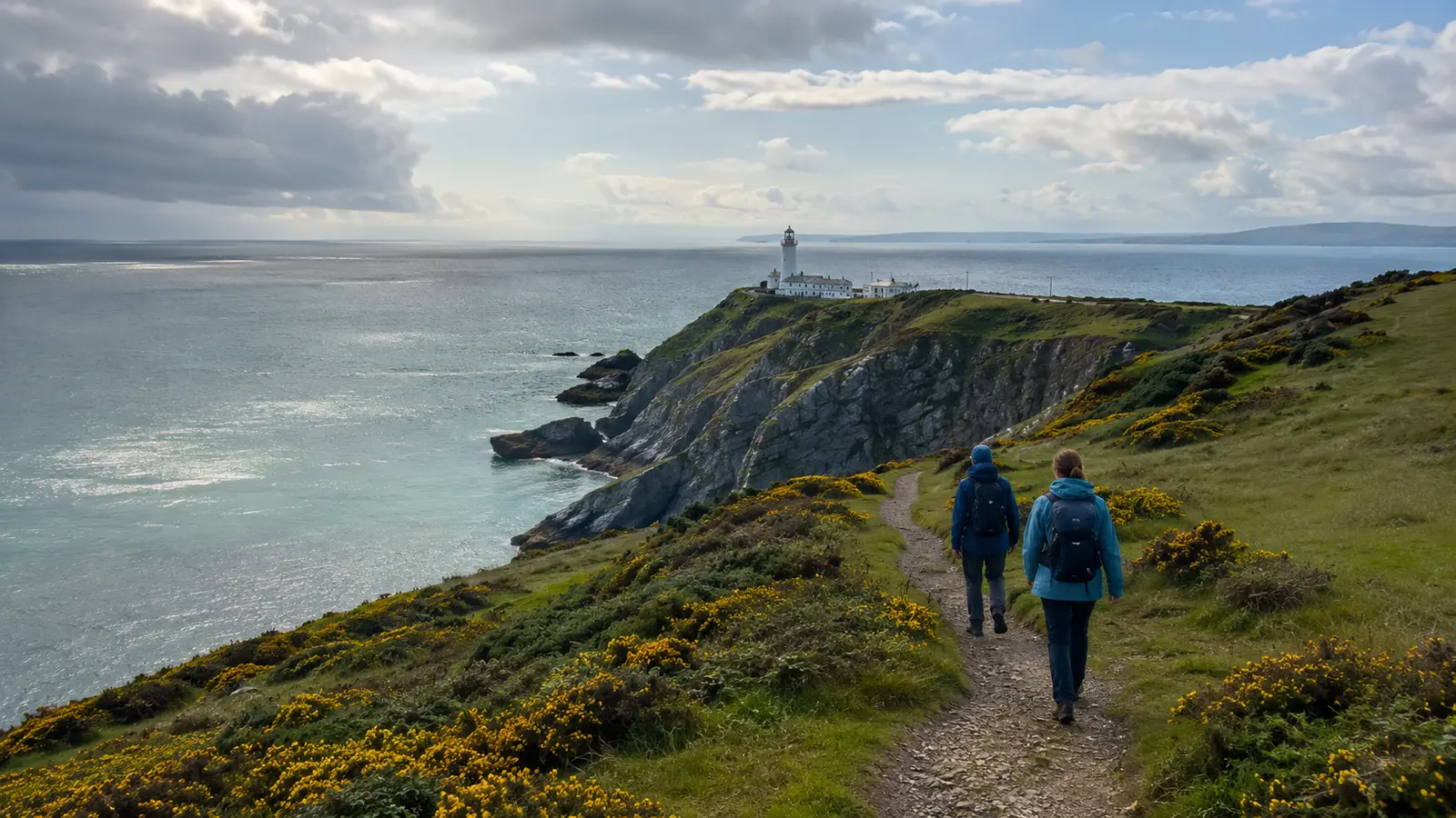 นักเดินทางบนเส้นทาง Howth Cliff Path มองไปยังหน้าผาและประภาคาร Baily