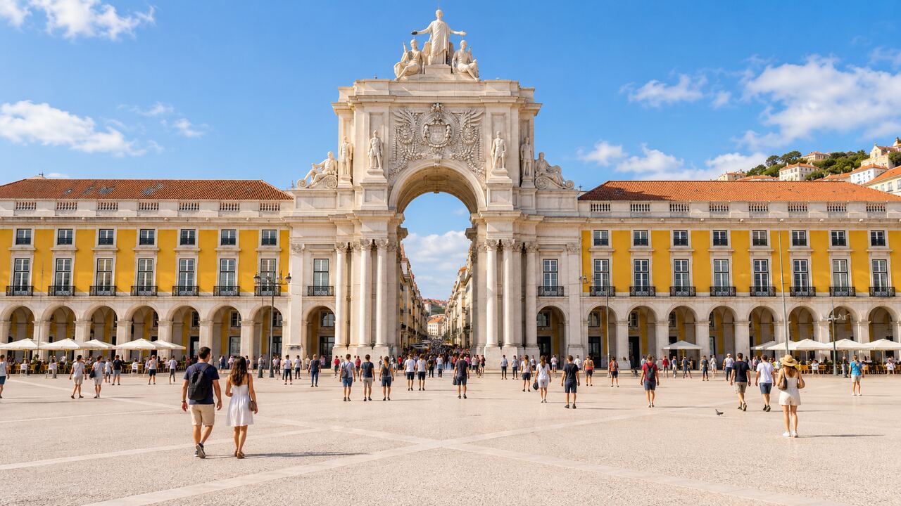 ภาพ AI จัตุรัส Praça do Comércio และซุ้มประตูในลิสบอน