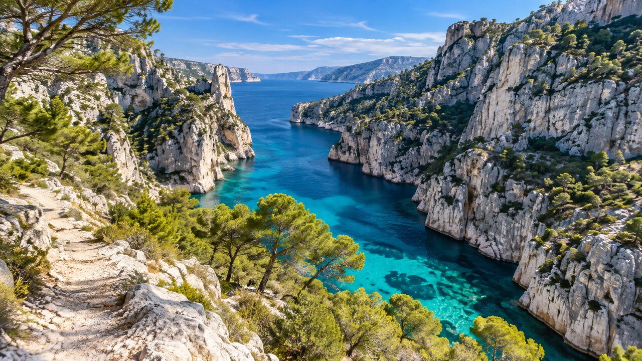 หน้าผาหินปูนและน้ำทะเลสีฟ้าที่ Calanques National Park ใกล้มาร์กเซย