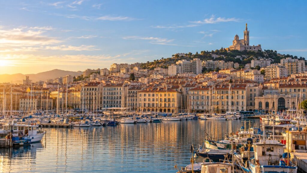 มาร์กเซย วิวท่าเรือเก่า Vieux-Port และมหาวิหาร Notre-Dame de la Garde