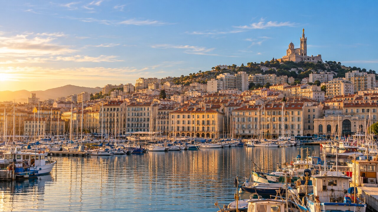 มาร์กเซย วิวท่าเรือเก่า Vieux-Port และมหาวิหาร Notre-Dame de la Garde