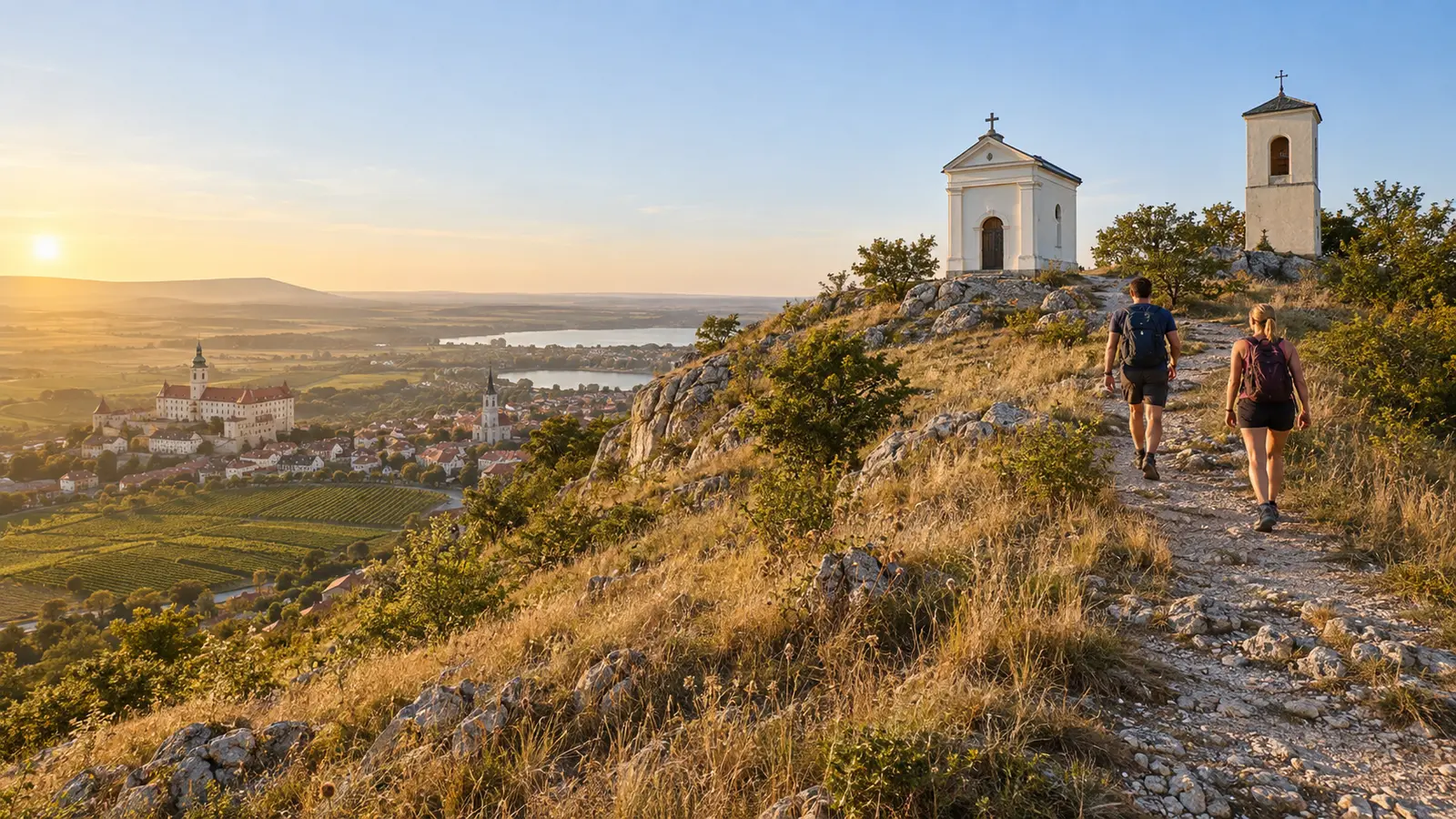 เส้นทางเดินบน Holy Hill กับโบสถ์ Saint Sebastian เหนือเมืองมิคูลอฟและไร่องุ่น