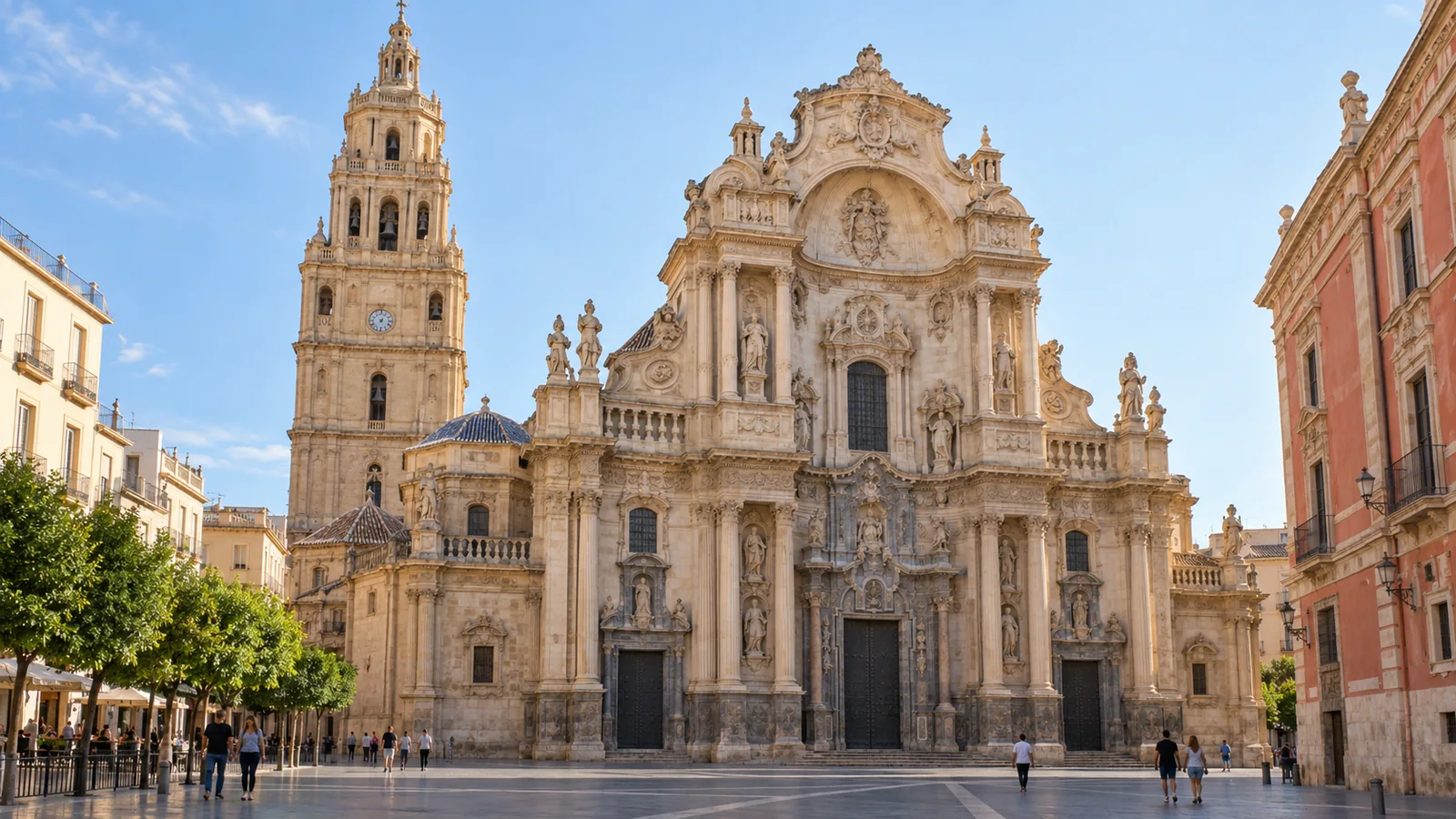 ด้านหน้ามหาวิหารมูร์เซียและหอระฆังที่ Plaza del Cardenal Belluga ประเทศสเปน