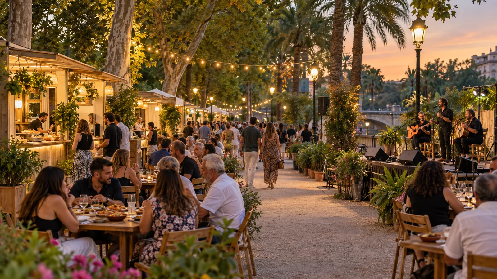 บรรยากาศ Feria de Murcia ที่ Huertos del Malecón มีอาหารท้องถิ่นและดนตรีกลางสวน
