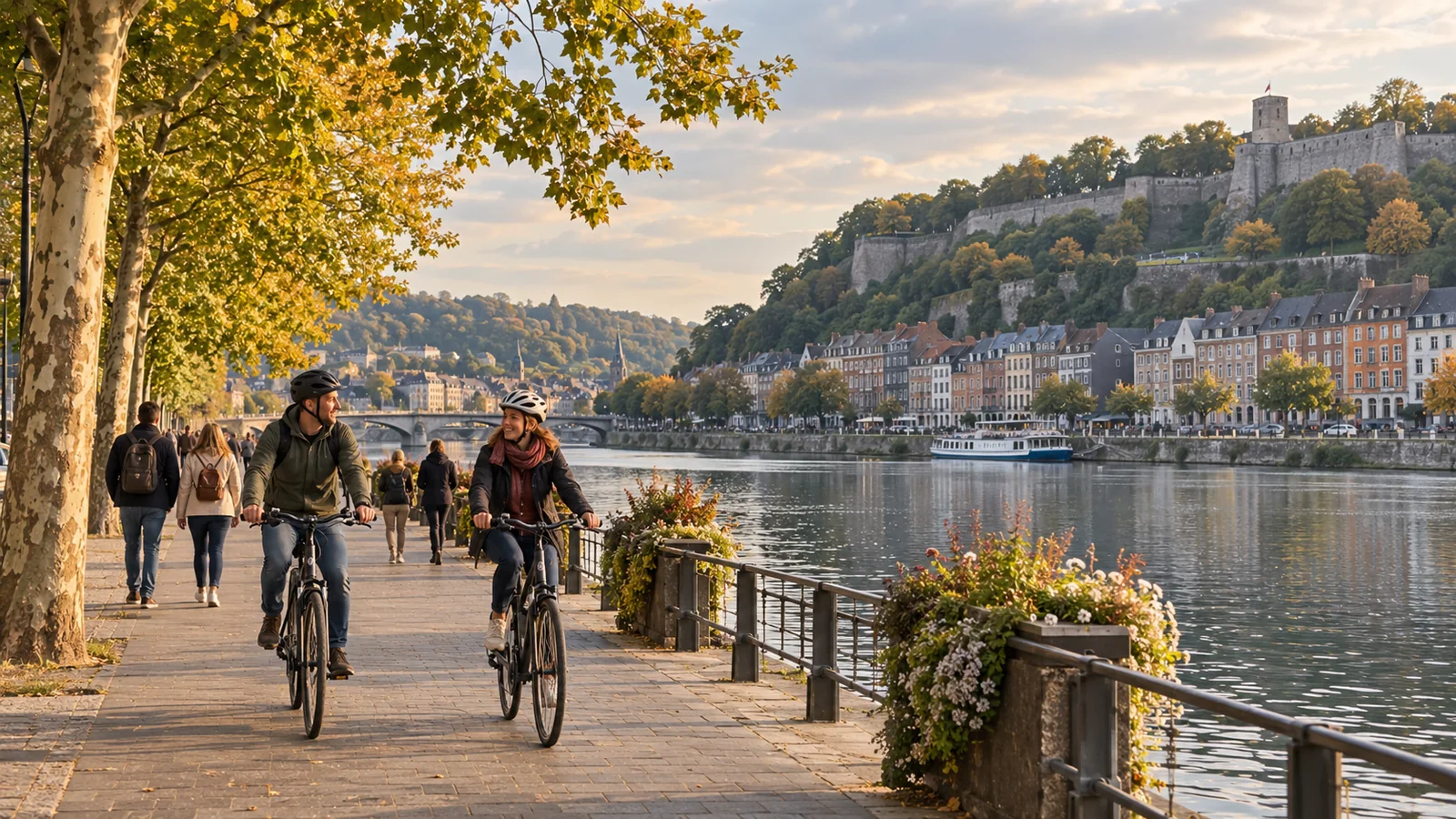 นักท่องเที่ยวปั่นจักรยานริมแม่น้ำ Meuse โดยมีป้อมซิตาเดลอยู่เบื้องหลัง