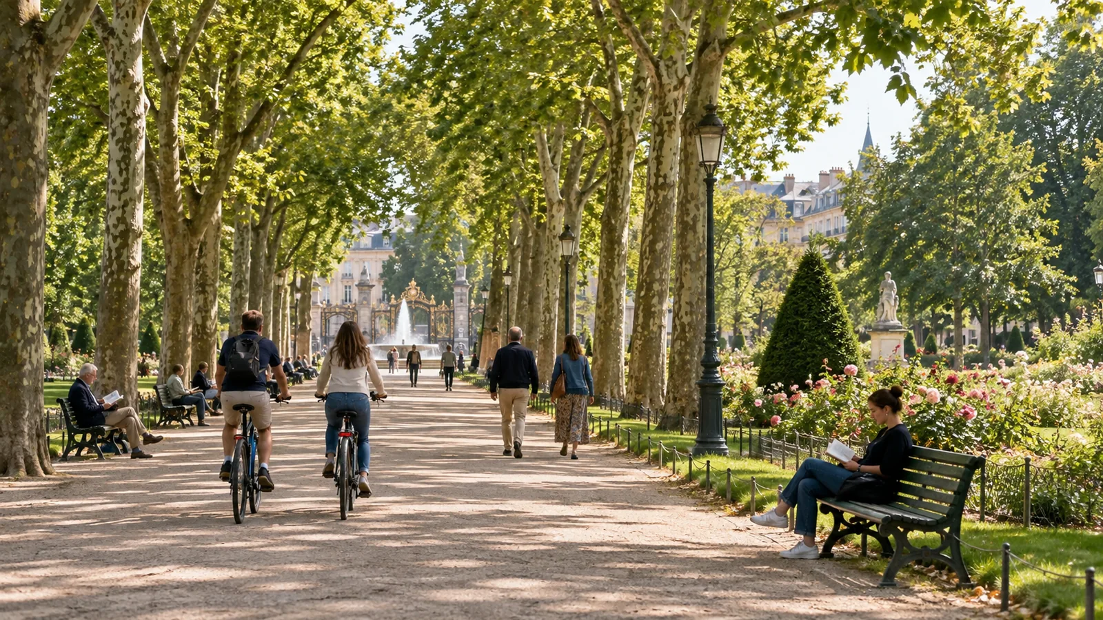 นักท่องเที่ยวเดิน อ่านหนังสือ และปั่นจักรยานใน Parc de la Pépinière เมืองน็องซี