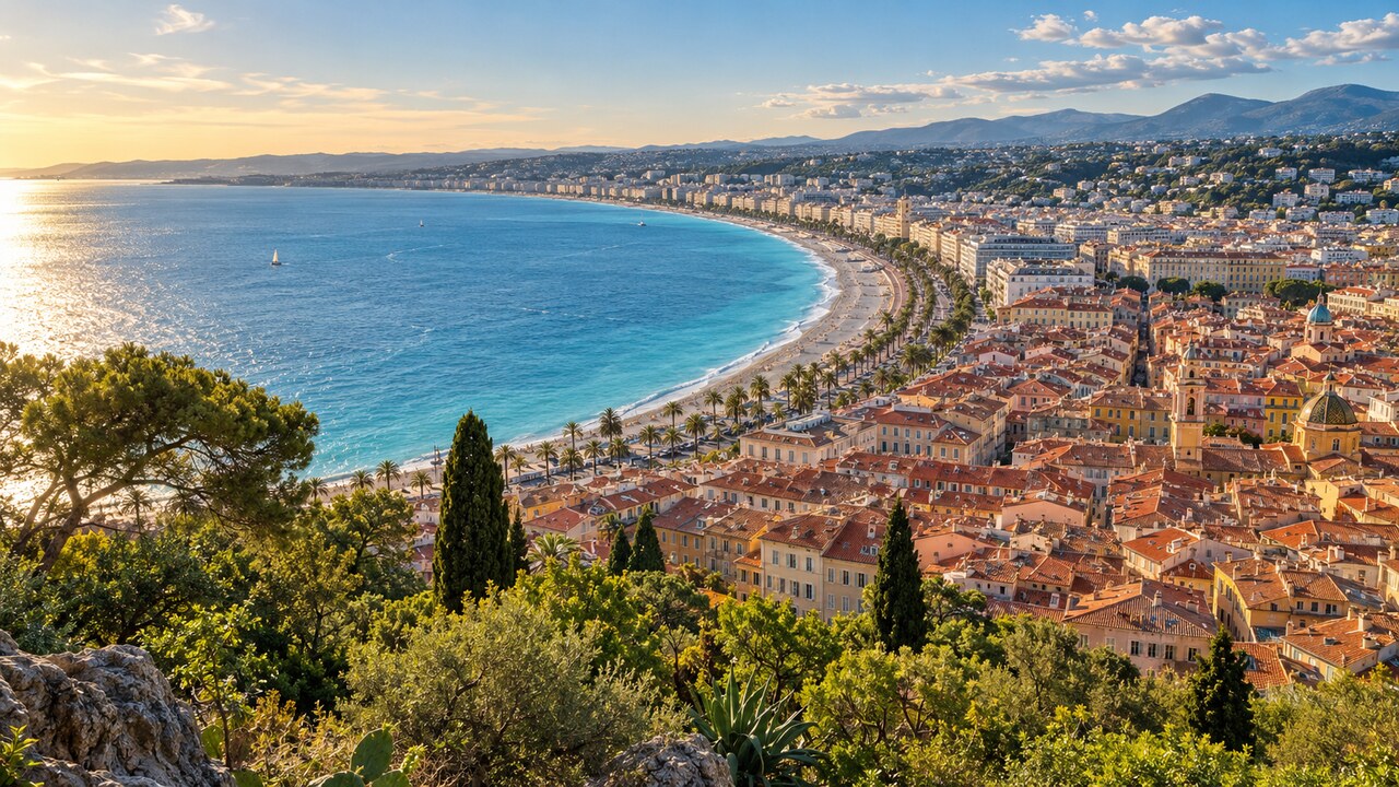 วิวเมืองเก่านีซ Promenade des Anglais และอ่าว Baie des Anges จาก Castle Hill
