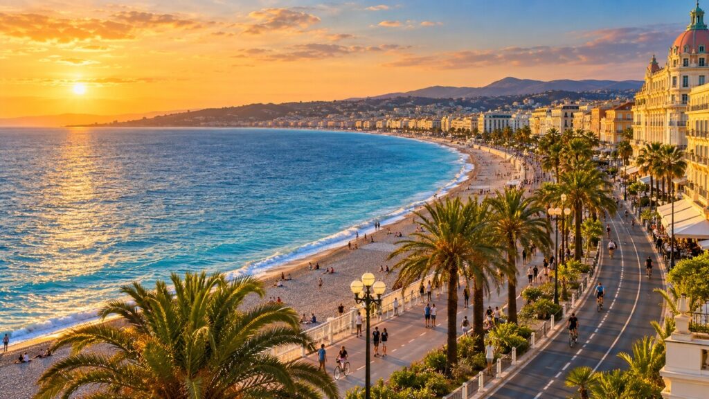 วิวอ่าว Baie des Anges และถนน Promenade des Anglais เมืองนีซ ประเทศฝรั่งเศส