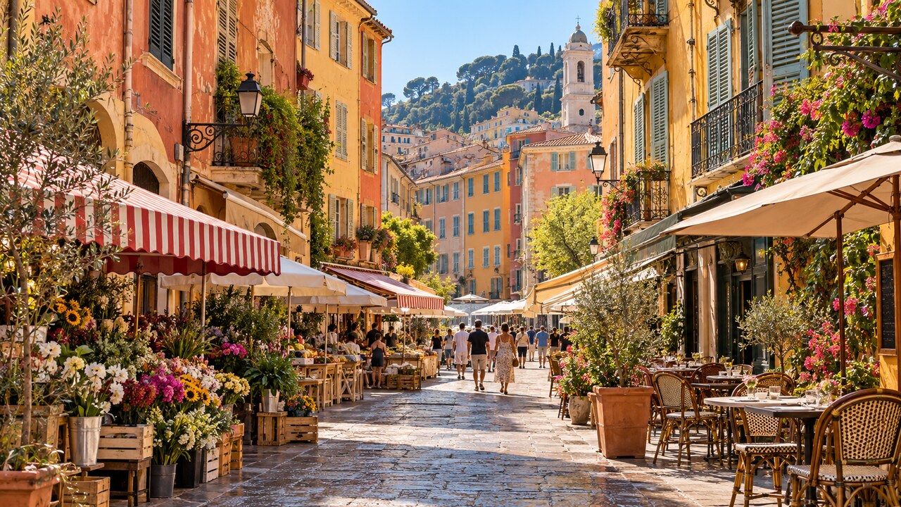 ตรอกสีสันสดใสและตลาดในย่าน Vieux Nice ประเทศฝรั่งเศส