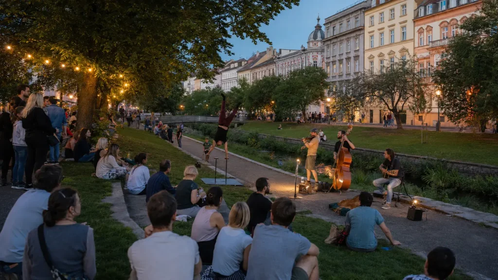 การแสดงดนตรีและกายกรรมใน Pilsen Busking Fest ริม Mill Race เมืองพิลเซน