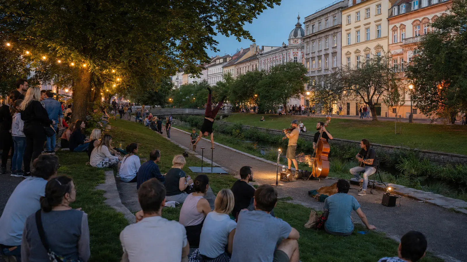 การแสดงดนตรีและกายกรรมใน Pilsen Busking Fest ริม Mill Race เมืองพิลเซน