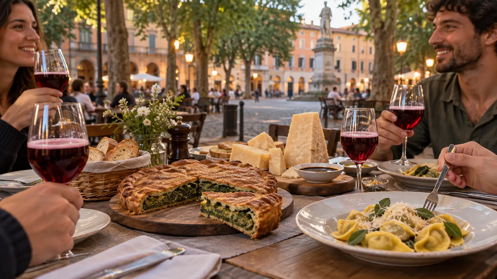 โต๊ะอาหารที่มี erbazzone ชีส Parmigiano Reggiano ทอร์เทลลี และไวน์ Lambrusco ใกล้ Piazza Fontanesi