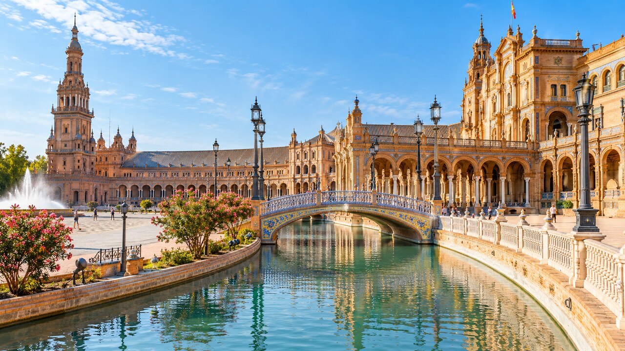จัตุรัส Plaza de España และสะพานกระเบื้องในเมืองเซบียา