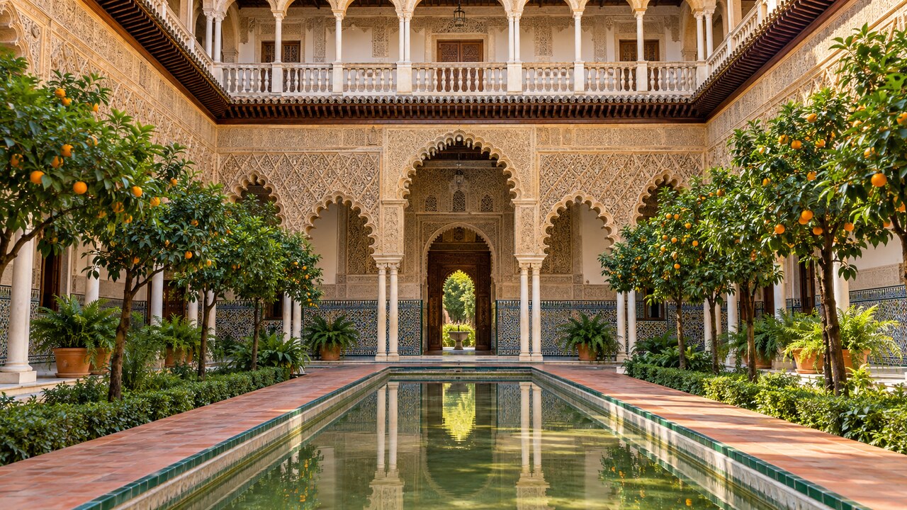ลานสถาปัตยกรรมมูเดฆาร์ภายในพระราชวัง Real Alcázar เมืองเซบียา