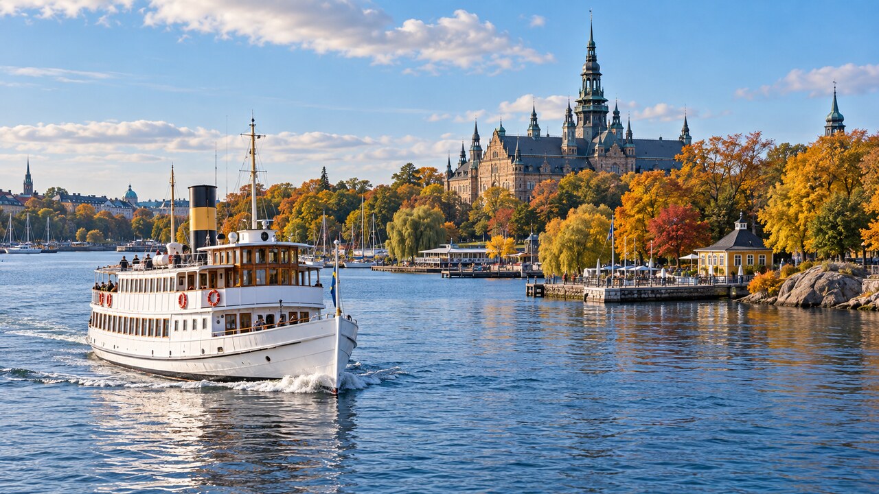 ภาพ AI จำลองเรือโดยสารและบรรยากาศริมน้ำ Djurgården ในฤดูใบไม้ร่วง