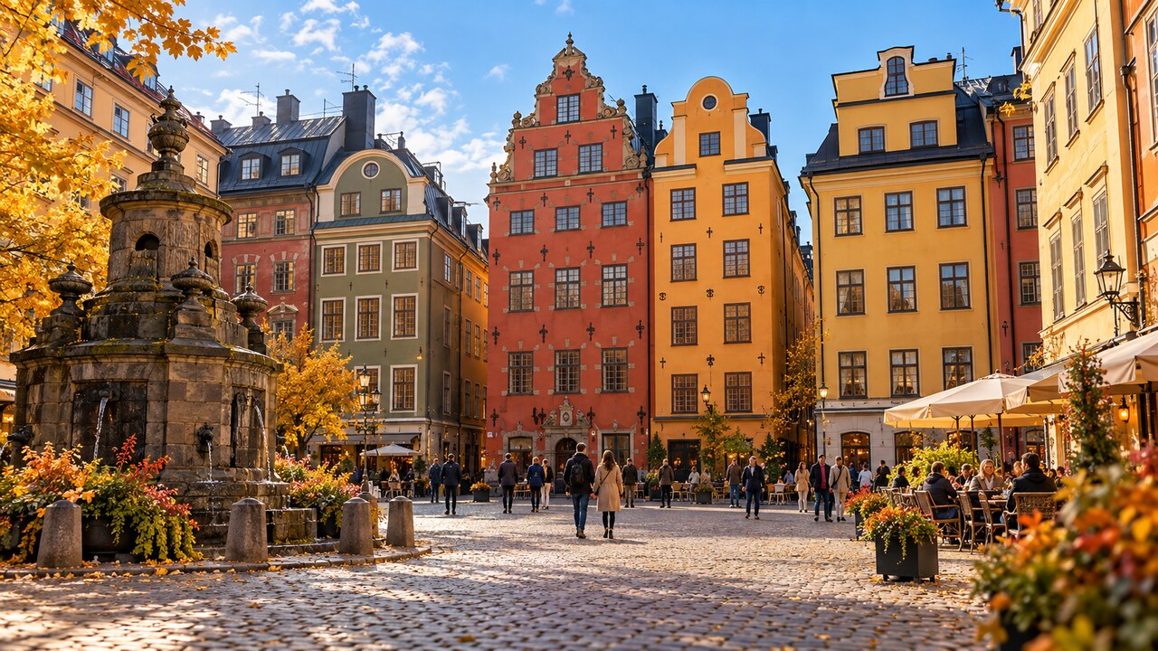 ภาพ AI จำลองจัตุรัสและอาคารสีสันใน Gamla Stan สตอกโฮล์ม