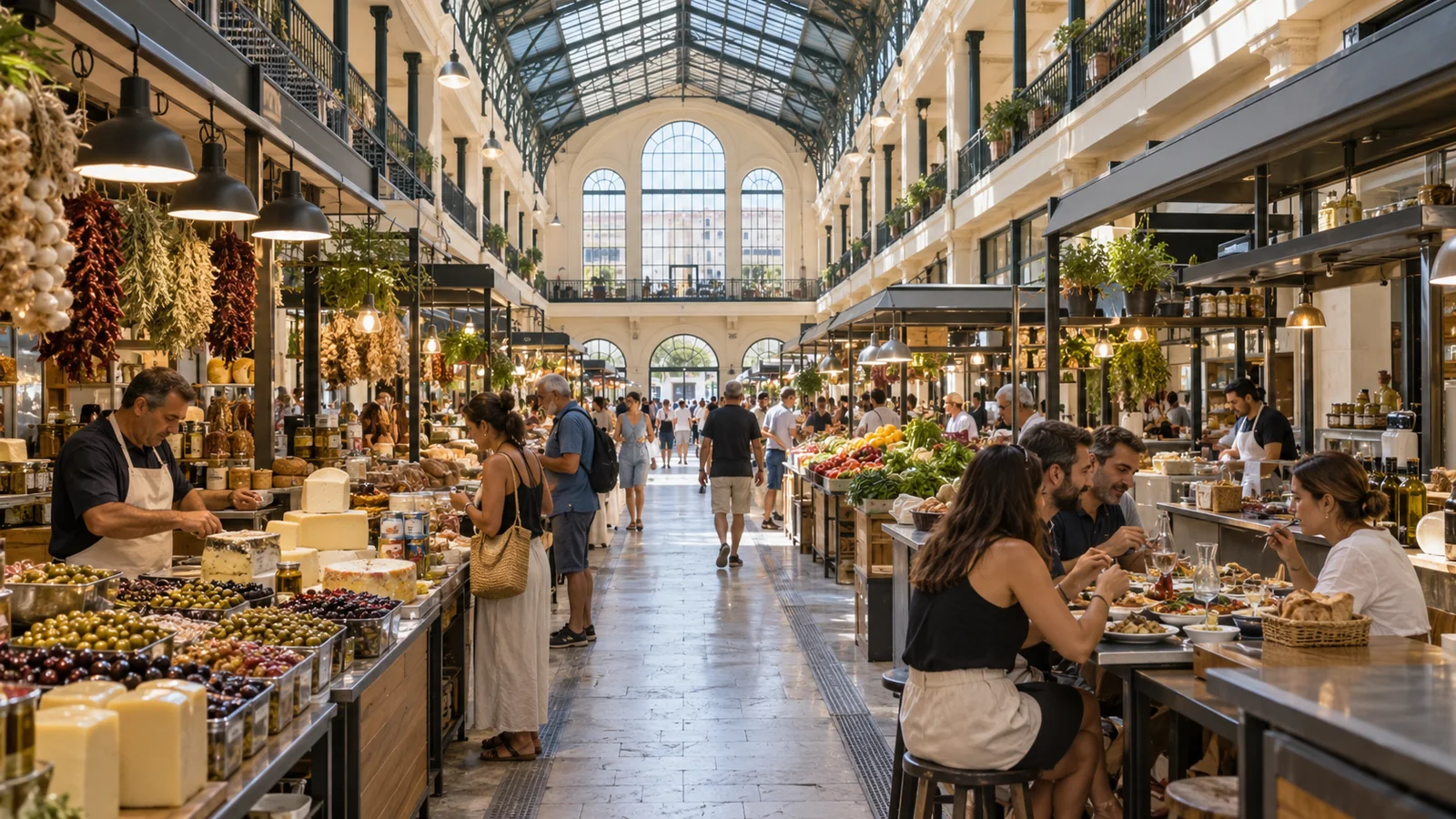 ตลาดในร่ม Modiano Market ที่มีร้านมะกอก ชีส ผัก และนักท่องเที่ยวรับประทานเมเซ