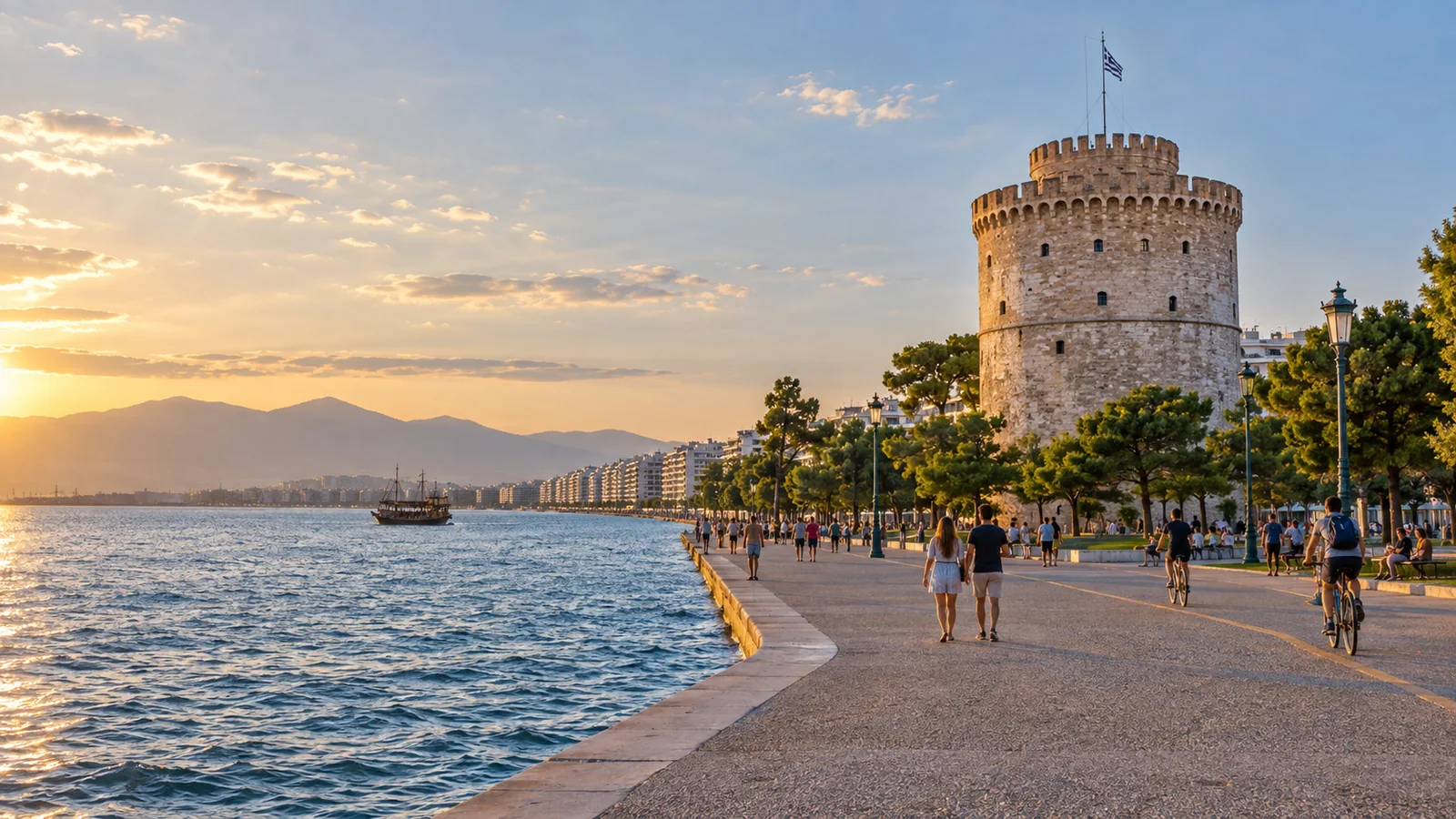 White Tower of Thessaloniki ริมอ่าว Thermaic และทางเดิน Nea Paralia
