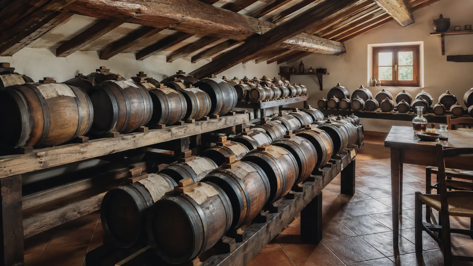 ถังไม้หลายขนาดเรียงเป็นชุดภายในห้องบ่ม Aceto Balsamico Tradizionale di Modena