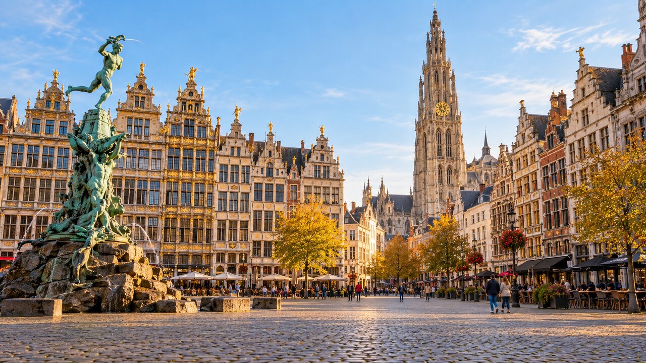 จัตุรัส Grote Markt และมหาวิหารเมืองแอนต์เวิร์ปในฤดูใบไม้ร่วง