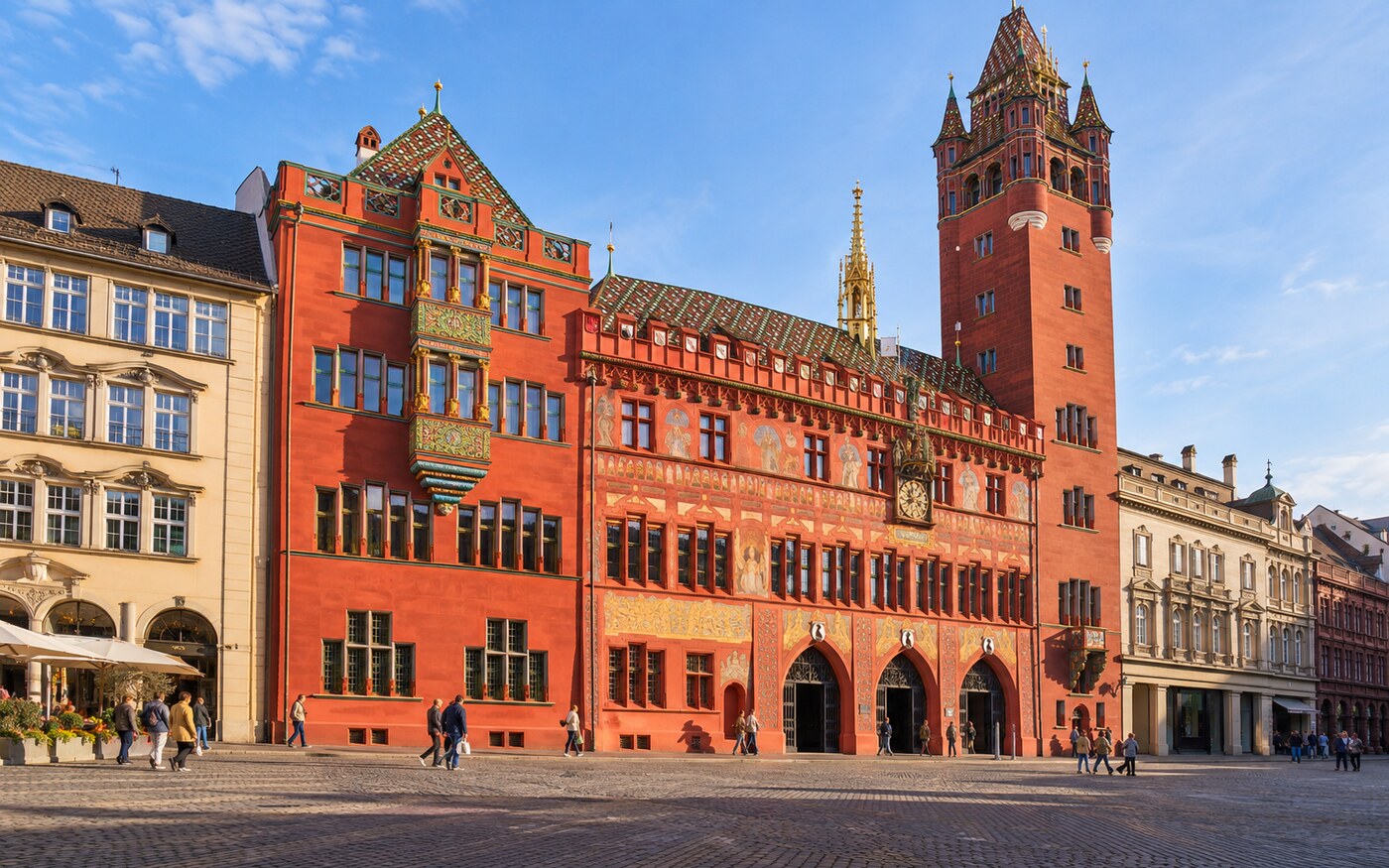 อาคารศาลาว่าการบาเซิลสีแดงที่จัตุรัส Marktplatz ในแสงเช้า
