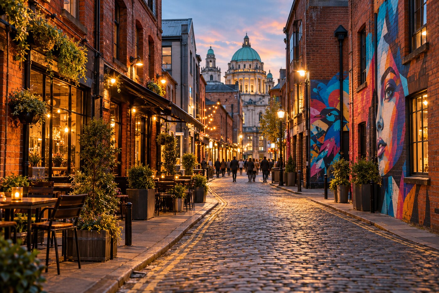 ภาพ AI ย่าน Cathedral Quarter เบลฟาสต์ยามเย็น